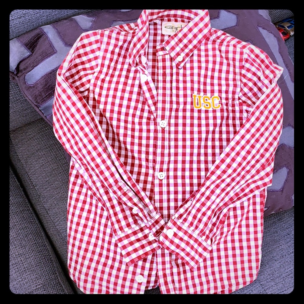 Red checkered button down USC shirt